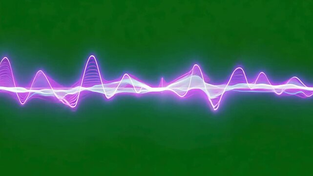Digital neon purple audio waveform visualizing sound beat on green screen for music and tech interfaces.