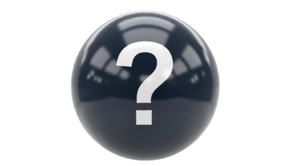 Shiny dark blue sphere with question mark isolated PNG, glossy ball with reflection on transparent background, uncertainty and mystery concept