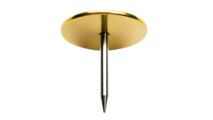 Gold push pin isolated PNG on transparent background, thumbtack for bulletin board and office supply, stationery item
