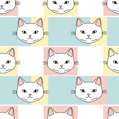 Fototapeta premium Seamless Pattern of Cute HandDrawn White Cat Faces on Pastel Background. Vector Illustrations. EPS Editable