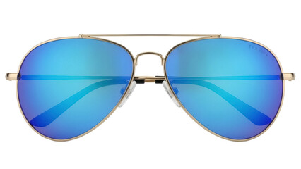 Gold aviator sunglasses with blue mirrored lenses isolated PNG, stylish eyewear for sun protection and fashion accessory © Cristian