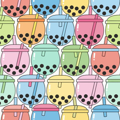 Fototapeta premium Seamless Pattern of Cute Kawaii Boba Tea Drinks in Various Pastel Colors. Vector Illustrations. EPS Editable