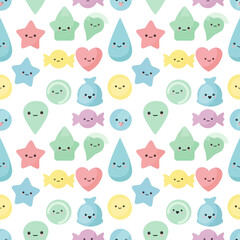 Obraz premium Seamless Pattern of Cute Kawaii Characters in Pastel Colors. Vector Illustrations. EPS Editable