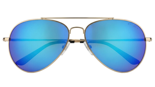 Gold aviator sunglasses with blue mirrored lenses isolated PNG, stylish eyewear for sun protection and fashion accessory