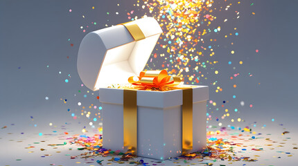 White Gift Box with Golden Ribbon and Open Lid Releasing Bright Light and Colorful Confetti, 3D Surprise Present Concept for Celebration, Birthday, Holiday Promotion, Festive Event Design with Color C