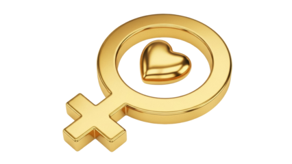 Golden female symbol with heart isolated PNG, gender sign for women s day and love concept on transparent background