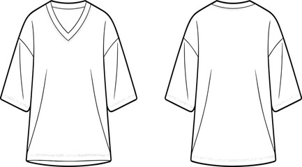 Technical Line Art Sketch of a Women's Oversized V-Neck T-Shirt Featuring Dropped Shoulders and a Relaxed Fit for Casual Apparel Design Mockups.