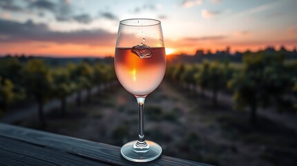 A hyperrealistic, sharp still life of a chilled glass of ros&eacute; wine, pale pink hue, dew drops on the glass, overlooking a vineyard at sunset, golden hour light