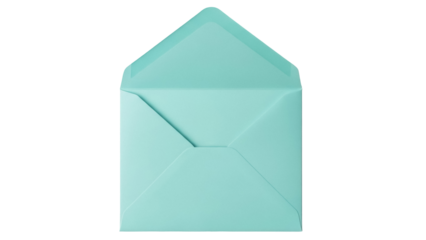 Open light blue envelope PNG isolated on transparent background, stationery for invitations and greetings, blank template for design
