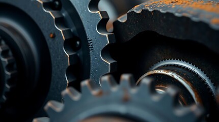 A close-up macro photograph of industrial machinery gears, focusing on metallic textures and subtle reflections. The color palette is muted steel grays and rust browns, with a shallow depth of field