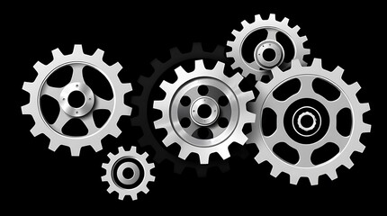 A minimalist, graphic design of interlocking industrial cogs and pulleys, using a limited palette of black, white, and metallic silver, emphasizing form and symmetry, vector art