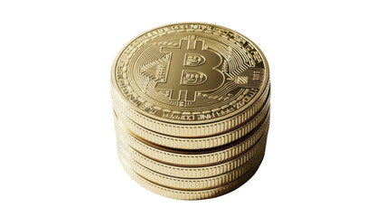 Stack of golden Bitcoin coins isolated PNG on transparent background, cryptocurrency digital money for investment and finance
