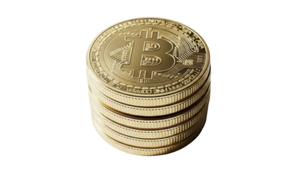 Stack of golden Bitcoin coins isolated PNG on transparent background, cryptocurrency digital money for investment and finance