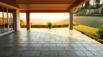 An exceptionally lifelike rendering of a sprawling patio, showcasing intricate tiling patterns and surrounding landscape, with the soft glow of early morning light