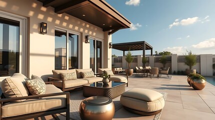 An exquisitely detailed patio, captured with ultra-realism, showcasing a sophisticated outdoor lounge area with plush cushions and metallic accents under a clear sky