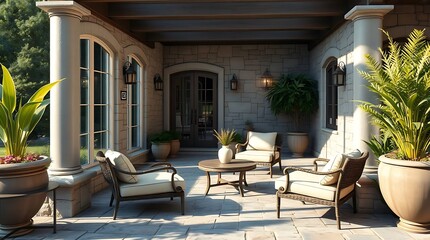 An exquisitely detailed, ultra-realistic patio, where every stone, plant, and furniture texture is rendered with photorealistic precision
