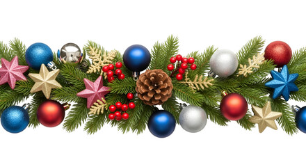Colorful Christmas garland border with blue and red baubles stars pine cones and berries isolated on white background