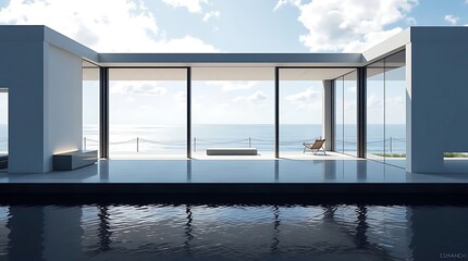 An ultra-realistic architectural render of a modern, minimalist mansion with expansive glass walls overlooking a serene ocean vista, conveying a powerful sense of luxury