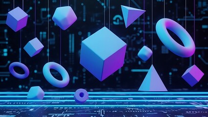 Floating 3 D geometric shapes in blue and purple hues on a circuit board background cubes spheres rings