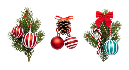 Collection of festive Christmas ornaments with fir branches pine cones candy canes and bows isolated on white background