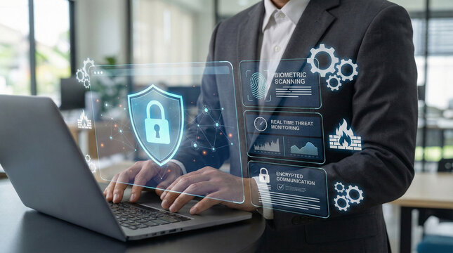 Businessman using digital interface with checklist and security icons, representing cybersecurity, data protection, secure access, and digital identity verification system. - Powered by Adobe