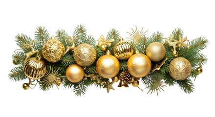 Elegant Golden Christmas Garland with Pine Branches and Bauble Ornaments Isolated on White Background Holiday Banner