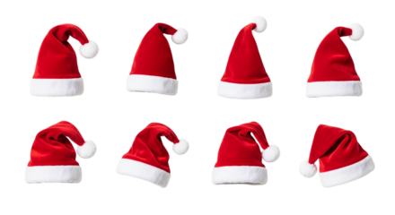 Set of Red Santa Claus Hats in Different Positions and Shapes Isolated on White Background Festive Christmas Accessories