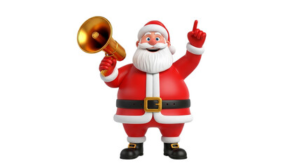Santa Claus Character Holding Golden Megaphone and Pointing Up Isolated on White Background 3D Render Christmas Advertising