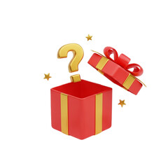 Opened Red Christmas Gift Box with Golden Question Mark and Stars 3D Illustration Isolated on White Background Mystery
