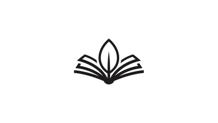 Black and white illustration of an open book with a leaf.