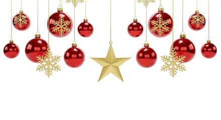 Hanging Red Christmas Baubles and Golden Stars Background Border Isolated on White Background Festive Holiday Ornament