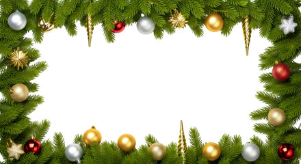 Christmas Fir Garland Border Frame with Red Gold and Silver Ornaments Isolated on White Background Holiday Rectangular