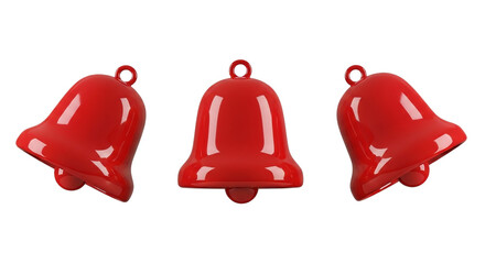 Three Red Christmas Bell Ornaments in Different Angles Isolated on White Background Glossy Festive Holiday Decoration Set