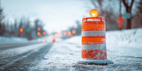 Orange Construction Traffic Barrel with Warning Light on Snowy Winter Roadside with Blurred Background Traffic Lights