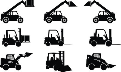 Construction machinery silhouette set featuring forklifts loaders and telescopic handlers, industrial equipment icons for logistics warehouse and building projectsConstruction © Moslama