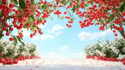 Vibrant red cherries hanging from tree branches with lush green leaves against a bright blue sky with fluffy white clouds in a sunny outdoor setting