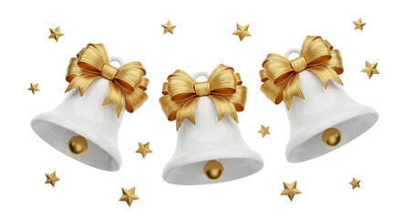 Three elegant 3D white Christmas bells with golden bows and small stars isolated on a clean white background for holiday
