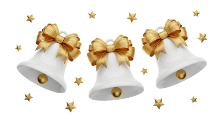 Three elegant 3D white Christmas bells with golden bows and small stars isolated on a clean white background for holiday