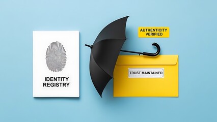 Identity registry document and yellow folder with trust maintained label and black umbrella on blue background