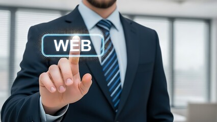 Businessman in suit interacting with web interface finger