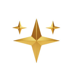 Three elegant golden four-pointed 3D stars with a matte metallic finish isolated on a clean white background for holiday