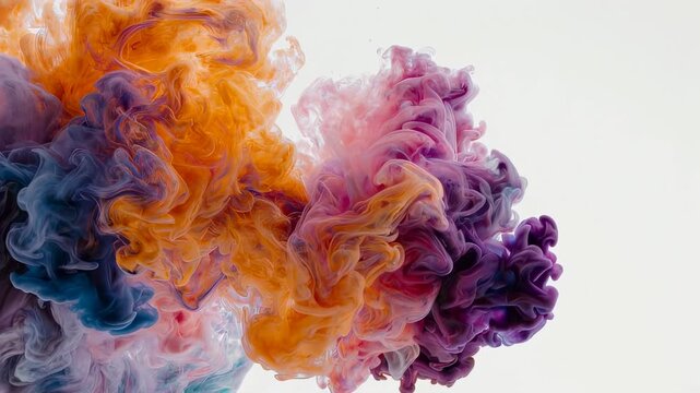 Swirls of vibrant orange, purple, and blue ink create ethereal cloud-like forms