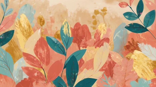 Painterly abstract foliage in soft coral, teal, gold, and blush tones