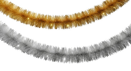 Gold and silver Christmas tinsel garlands with sparkling fairy lights isolated on a clean white background for holiday
