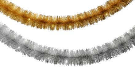 Gold and silver Christmas tinsel garlands with sparkling fairy lights isolated on a clean white background for holiday