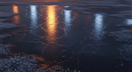 Modified softwareed ice surface reflecting warm and cool lights, creating abstract patterns and textures in the dark.