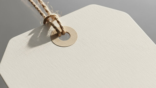 Close-up of blank white gift tag with string and metal ring on gray background for labeling