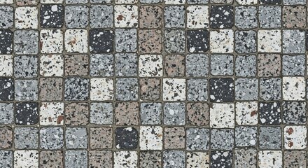 Mosaic of square tiles with a speckled texture in shades of grey, black, and white, creating a textured surface pattern.