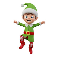 Cute 3D Christmas elf character with green suit and pointed hat jumping in excitement isolated on a white background set