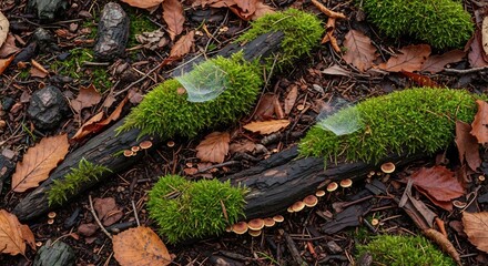 Moss-covered logs with delicate spiderwebs and small fungi on the forest floor amidst fallen leaves